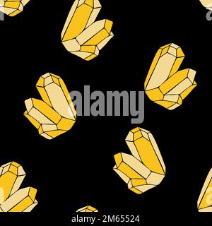 Yellow shiny crystals on dark background seamless pattern. Polygonal quartz crystals simple abstract pattern. Magic healing crystals gems repeatable t Stock Vector