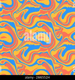 Abstract 1970 liquid marble seamless pattern. Red yellow blue wavy swirl texture. Groovy trippy distort psychedelic background. Hypnotic fantasy aesth Stock Vector