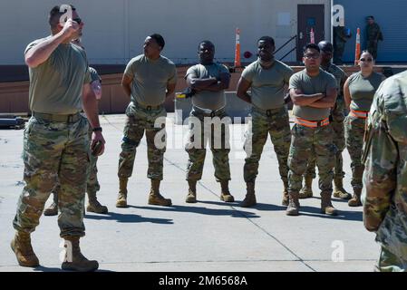 Port dawgs with the 72nd Aerial Port Squadron at Tinker Air Force Base, Oklahoma compete in their annual rodeo April 2, 2022, to determine who has the best aerial porting skills in the squadron. Stock Photo