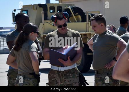 Port dawgs with the 72nd Aerial Port Squadron at Tinker Air Force Base, Oklahoma compete in their annual rodeo April 2, 2022, to determine who has the best aerial porting skills in the squadron. Stock Photo