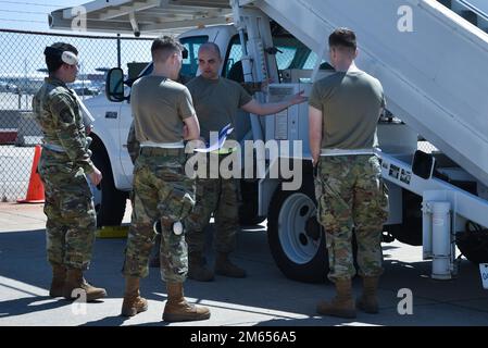 Port dawgs with the 72nd Aerial Port Squadron at Tinker Air Force Base, Oklahoma compete in their annual rodeo April 2, 2022, to determine who has the best aerial porting skills in the squadron. Stock Photo