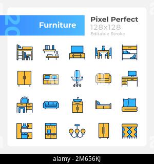 Furniture department pixel perfect RGB color icons set Stock Vector