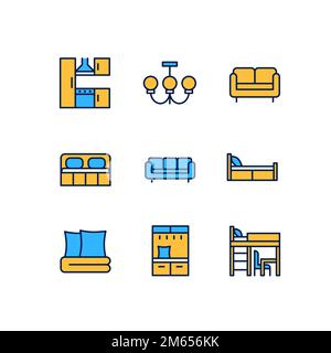 Modern contemporary furniture shop pixel perfect RGB color icons set Stock Vector
