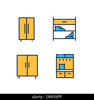 Furniture for clothes and shoes storage pixel perfect RGB color icons set Stock Vector