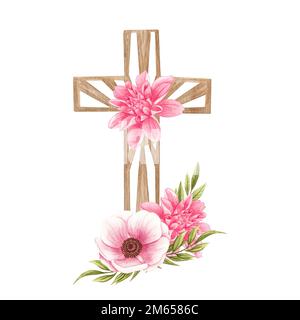 Pink floral cross. Easter illustration. Watercolor Wedding Cross. Baptism Stock Photo