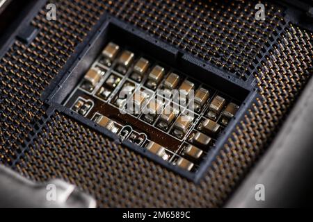 CPU connector, socket or slot connector, in the motherboard, designed to install a CPU in it, the connector allows the installation of only a certain Stock Photo