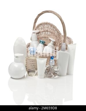 basket with sprays, bottles and tubes Stock Photo
