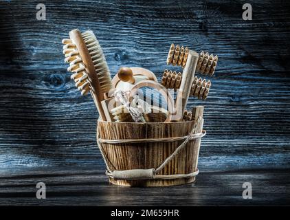 bucket with vintage sauna accessories Stock Photo