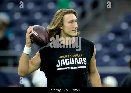 Houston, Texas, USA. 1st Jan, 2023. Jacksonville Jaguars quarterback Trevor Lawrence (16) during warmups prior to the game between the Houston Texans and the Jacksonville Jaguars at NRG Stadium in Houston, TX on January 1, 2023. (Credit Image: © Erik Williams/ZUMA Press Wire) Stock Photo