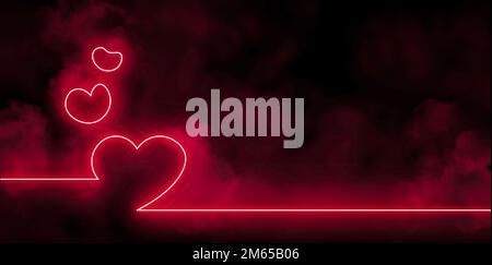 Bright pink heart shaped neon lights with smoke in the dark, panoramic banner with copy space on black background Stock Photo