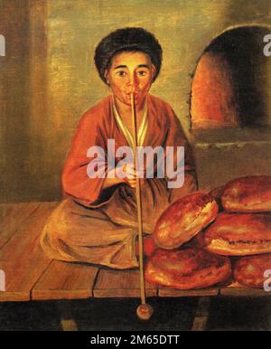 Crimean Tatar apprentice baker in the Crimea. Painting by Wilhelm Kiesewetter, 1845-1847. Stock Photo