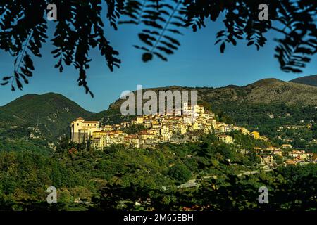 Panorama of the medieval city of Rivello in Basilicata. The buildings of the two churches stand out. Province of Potenza, Italy Stock Photo