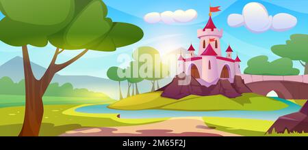 Cartoon pink magic princess castle on hill. Summer landscape of fairy tale kingdom, medieval palace with turrets surrounded with water, green trees, field and bridge with road to royal chateau. Stock Vector