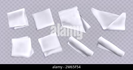 Vector realistic set of 3d white kitchen towels or tablecloths in top view. Folded napkins, cotton textiles or fabric table clothes isolated on transparent background. Stock Vector