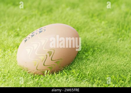 Brown Easter egg decorated with gilded patterns in green grass. 3d render.. Stock Photo
