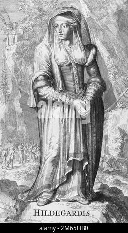 Hildegard of Bingen (Hildegard von Bingen 1098-1179), also known as Saint Hildegard and the Sibyl of the Rhine, was a German Benedictine abbess. Engraving by Romeyn de Hooghe, 1701 Stock Photo