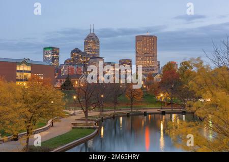 Indianapolis, Indiana, USA river walk and skyline at dusk in the evening. Stock Photo