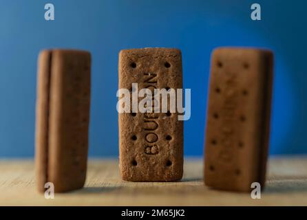 Bourbon Creams - A traditional chocolate biscuit displayed on a blue background.Sweet food often eaten with a cup of tea. Stock Photo