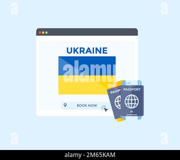 Online booking service on web browser site, trip planning country Ukraine logo design. Online reservation of plane tickets. Concept for website vector Stock Vector