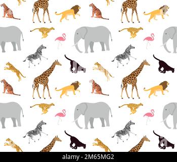 Vector seamless pattern of flat african wild animals isolated on white background Stock Vector