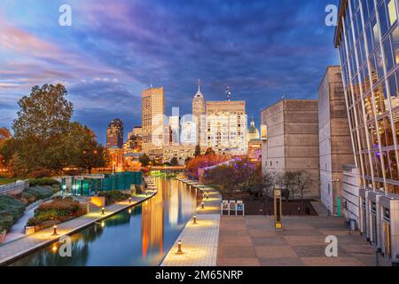 Indianapolis, Indiana, USA downtown cityscape over the river walk at twilight. Stock Photo