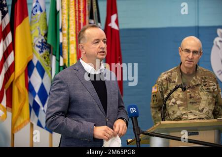 ANSBACH, Germany - Lord Mayor Thomas Deffner, lord mayor of the city of Ansbach, addresses the press during a press conference in Ansbach after a welcome ceremony at Barton Barracks in Ansbach, Germany, Tuesday, April 5. During the ceremony, the V Corps headquarters and the headquarters and headquarters battalion uncased their colors at their temporary home. The presence of the entire Victory Corps headquarters in Europe expands U.S. Army Europe and Africa’s ability to command land forces in Europe and sends a strong message to our NATO allies and partners that the United States is committed t Stock Photo