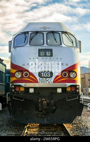 Railrunner Express commuter train, Santa Fe Railyard, Santa Fe, New Mexico USA Stock Photo