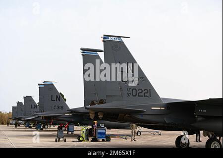 U.S. Air Force F-15E Strike Eagles assigned to the 492nd Fighter Squadron from Royal Air Force Lakenheath, England sit at Andravida Air Base, Greece, April 5, 2022. The 48th Fighter Wing from Royal Air Force Lakenheath flew alongside the Hellenic air force and other NATO partners during INIOCHOS 22, a Hellenic air force led exercise designed to enhance the interoperability and skills of allied and partner forces in the accomplishment of joint operations and air defenses. Stock Photo