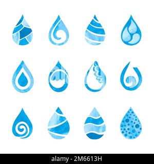 Set of blue watercolor water drops isolated on white. Vector icons Stock Vector