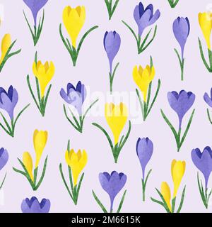 Seamless vector watercolor yellow and purple crocus flowers pattern. Spring illustration. Stock Vector