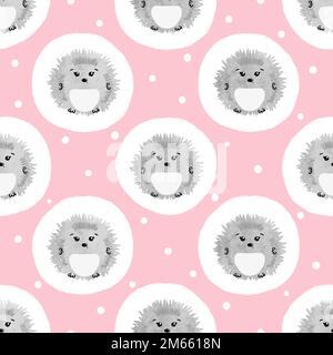 Seamless vector pattern with cute watercolor hedgehogs. Polka dot baby print. Stock Vector