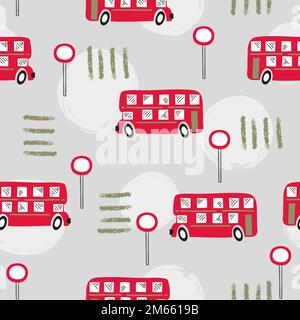 Seamless red London bus pattern. Baby cartoon print. Stock Vector