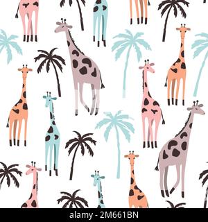 Seamless pattern with cute giraffes and palm trees for kids. Stock Vector