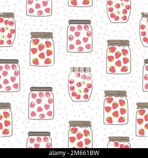 Seamless jam jars pattern with strawberry, raspberry and cherry. Homemade food illustration. Stock Vector