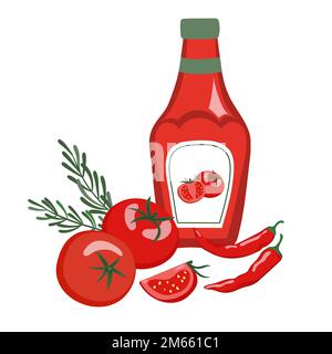 Ketchup set. Vector ketchup bottle, tomatoes and chili pepper. Stock Vector