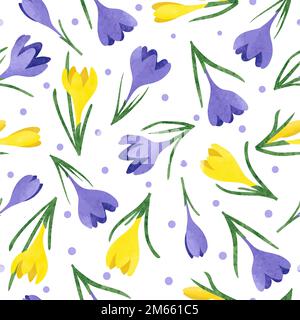 Seamless watercolor yellow and purple crocus flowers pattern. Vector spring illustration. Stock Vector