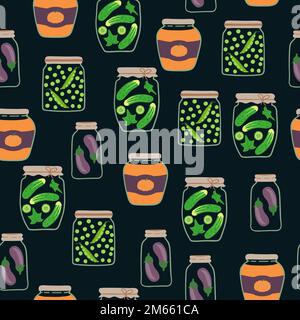 Seamless pickled vegetables pattern. Preserved vegetables vector background Stock Vector