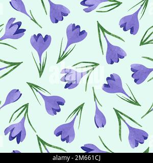 Seamless watercolor purple crocus flowers pattern. Vector spring illustration. Stock Vector