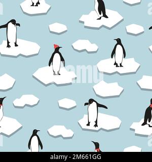 Seamless pattern with cute cartoon penguins on ice. Christmas vector illustration. Stock Vector