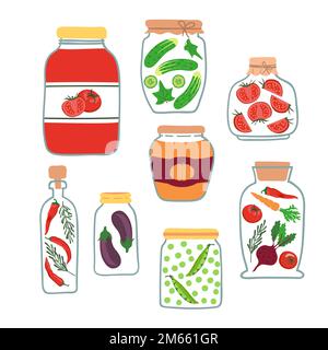 Vector set of pickled vegetables. Preserved vegetables doodle illustration. Stock Vector