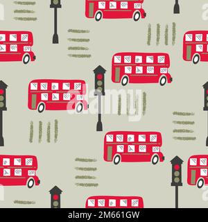 Seamless pattern with cartoon red London bus. Baby print. Stock Vector