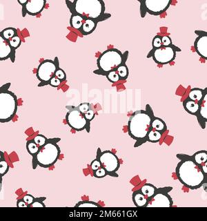 Seamless cute cartoon penguin pattern. Funny birds in hats Stock Vector