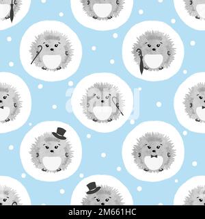 Seamless polka dot pattern with cute watercolor hedgehogs. Baby print. Stock Vector