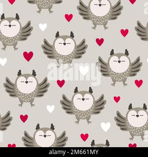 Seamless cute cartoon owls pattern with hearts. Stock Vector