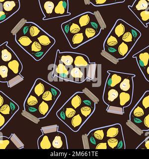Seamless pattern with preserved fruits. Vector jam jars background. Stock Vector