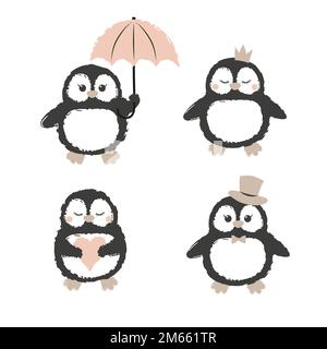 Set of cute cartoon penguins isolated on white. Vector illustration for kids. Stock Vector