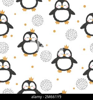 Seamless pattern with cartoon penguin princess in crown. Baby print Stock Vector