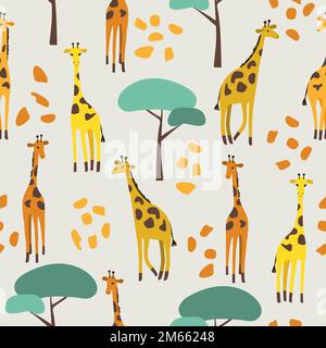 Seamless pattern with cute giraffes and trees for kids. Stock Vector