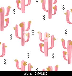 Seamless watercolor flowering cactus pattern. Vector abstract illustration with pink cactus Stock Vector