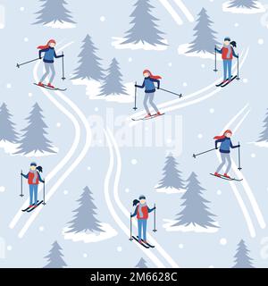 Seamless winter pattern with Christmas holidays outdoor activities. Wrapping paper design with abstract people. Stock Vector